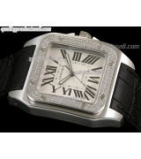 Cartier Santos 100th Anniversary Automatic Watch-White Dial Diamond Bezel-Black Leather Strap