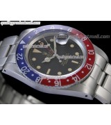 Rolex GMT II Vintage Swiss Automatic Watch-Black Dial Blue/Red Bezel-Stainless Steel Oyster Riverted Bracelet