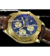 Breitling Chronomat Evolution V3 Chronograph 18K Gold-Blue Dial Gold Subdial Index Hour Markers-Brown Leather Bracelet