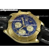 Breitling Chronomat Evolution V3 Chronograph 18K Gold-Blue Dial Gold Subdials Numeral Hour Markers-Black Leather Bracelet