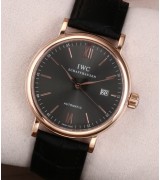 IWC Portofino Automatic Watch Swiss 2892 - 18K Gold - Black Dial With Stick Marker - Black Leather Strap