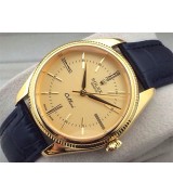 Rolex Cellini Swiss Automatic Watch Yellow Gold-Golden Dial Stick Roman Hour Markers-Black Leather Strap