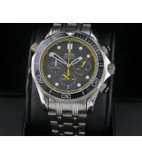 Omega Sea-Master Automatic Watch-Three Independent Subdials-Black Dial With Yellow Second Hand-Stainless Steel Strap 