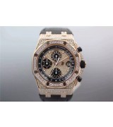 Audemars Piguet Royal Oak 26067 Swiss Automatic Watch-Full Diamonds Bezel-Black Leather Bracelet