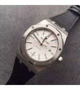 Audemars Piguet Royal Oak Automatic Watch- White Dial-Black leather Strap