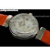 Omega Deville Ladymatic Diamond Swiss Automatic Watch-White Coral Design Dial-Orange Leather strap