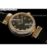 Omega Ladymatic 18K Rose Gold Diamond Swiss Automatic Watch-Black Coral Design Dial-Black Leather Strap