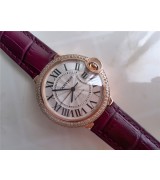 Cartier Blue Ballon Ladies Swiss Watch 18k Rose Gold-White Dial Diamond Crested Bezel-Purple Leather Strap