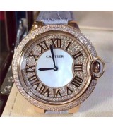 Cartier Ballon Bleu Swiss Quartz Full Diamonds Women watch-Roman Numeral Hour Markers-Leather Bracelet