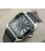 Cartier Santos 100th Anniversary Automatic Watch-Black Dial-Black Leather Strap 