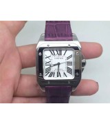 Cartier Santos 100th Anniversary Automatic Ladies Watch-White Dial-Purple Leather Strap