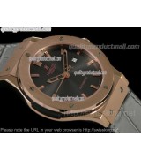Hublot Classic Fusion Chronograph 18k Rose Gold-Black Dial Date Window-Gummy Leather Alligator Leather Strap