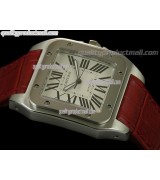 Cartier Santos 100th Anniversary Automatic Ladies Watch-White Dial-Red Leather Strap