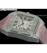 Cartier Santos 100th Anniversary Automatic Watch-White Dial Diamond Crested Bezel-Pink Leather Strap