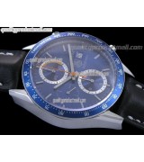Tag Heuer Carrera 41MM Automatic Chronograph-Blue Dial Silver Ring subdials-Black Leather Strap
