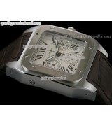 Cartier Santos 100th Anniversary Automatic Watch-White Dial-Brown Leather Strap