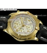 Breitling Chronomat Evolution V3 Chronograph 18K Gold-White Dial Gold Subdials Numeral Hour Markers-Black Leather Bracelet 