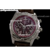 Breitling Chronomat B01 Chronograph-Burgundy Dials Roman Numerals Hour Markers-Brown Leather Strap