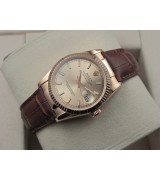 Rolex Datejust 36mm Swiss Automatic Watch Rose Gold-Golden Dial Stick Markers-Brown Leather Bracelet