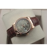 Rolex Datejust 36mm Swiss Automatic Watch Rose Gold-Silvery Dial Stick Markers-Brown Leather Bracelet