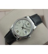 Rolex Datejust 36mm Swiss Automatic Watch-White Dial Stick Markers-Black Leather Bracelet