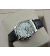 Rolex Datejust 36mm Swiss Automatic Watch-Silvery Dial Stick Markers-Black Leather Bracelet