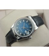 Rolex Datejust 36mm Swiss Automatic Watch-Blue Dial Stick Markers-Black Leather Bracelet