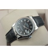 Rolex Datejust 36mm Swiss Automatic Watch-Black Dial Stick Markers-Black Leather Bracelet