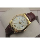 Rolex Datejust 36mm Swiss Automatic18K Gold-White Dial Stick Markers-Brown Leather Bracelet