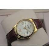 Rolex Datejust 36mm Swiss Automatic Watch 18K Gold-White Dial Diamond Stick Markers-Brown Leather Bracelet