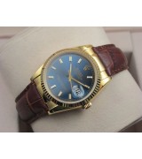 Rolex Datejust 36mm Swiss Automatic Watch 18K Gold-Blue Dial Stick Markers-Brown Leather Bracelet
