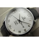 Omega De Ville Automatic Watch-White Dial With Roman Numeral Marker-Black Leather Strap