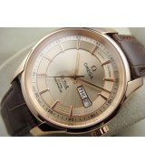 Omega De Ville Automatic Watch Rose Gold-Golden Dial With Stick Marker-Brown Leather Strap