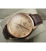 Omega De Ville Automatic Watch Rose Gold-Golden Dial With Roman Numeral Marker-Brown Leather Strap