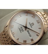 Omega De Ville Automatic Watch Rose Gold - White Dial With Roman Numeral Marker - Stainless Steel Strap
