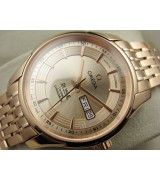 Omega De Ville Automatic Watch Rose Gold - Golden Dial With Stick Marker - Stainless Steel Strap