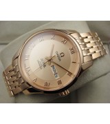 Omega De Ville Automatic Watch Rose Gold - Golden Dial With Roman Numeral Marker - Stainless Steel Strap