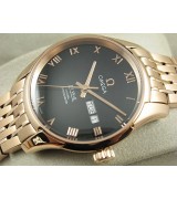 Omega De Ville Automatic Watch Rose Gold - Black Dial With Roman Numeral Marker - Stainless Steel Strap