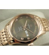 Omega De Ville Automatic Watch Rose Gold - Army Green Dial With Roman Numeral Marker - Stainless Steel Strap