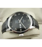 Omega De Ville Automatic Watch-Black Dial With Roman Numeral Marker-Black Leather Strap