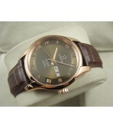 Omega De Ville Automatic Watch Rose Gold-Army Green Dial With Roman Numeral Marker-Brown Leather Strap