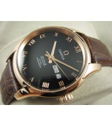 Omega De Ville Automatic Watch Rose Gold-Black Dial With Roman Numeral Marker-Brown Leather Strap