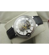 Cartier Ballon Bleu Diamonds Automatic Watch-Skeleton Dial-Black Leather Strap 