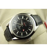 Omega Sea-Master GMT Edition Automatic Watch-Vertical Stripes Black Dial-Genuine Leather Black Strap