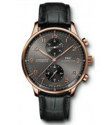 IWC Portuguese Chronograph Automatic-Gray Dial Black Leather Strap-Rose Gold Case