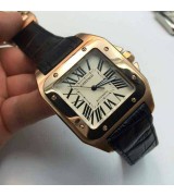 Cartier Santos Swiss Automatic Watch-Rose Gold case- Black Leather Strap