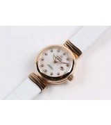 Omega Deville Ladymatic 18k Rose Gold Swiss Automatic Watch-White Coral Design Dial-White Leather strap