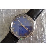 Omega De Ville Automatic Watch-Royal Blue Dial With Roman Numeral Marker-Black Leather Strap
