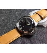 Panerai Luminor 1950 Handwound Watch-Black Dial Light Brown Leather