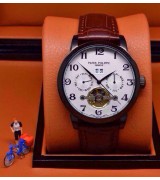 Patek Philippe Complication 482620 Tourbillon Swiss Automatic Watch - Black Steel Brown Strap - Black Markers